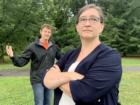 Along with local NDP MPP Joel Harden (left) Angella MacEwan, NDP candidate for Ottawa-Centre, held a press conference Wednesday at the UNESCO Heritage site at the Experimental Farm which is the proposed controversial new location for the Civic Hospital.