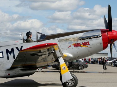 A pilot taxis a P-51 Mustang after some fancy aerobatics.