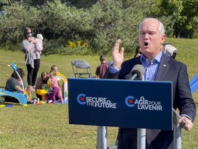 Conservative Leader Erin O'Toole speaks during a campaign stop in Carp on Monday, Sep. 13, 2021.