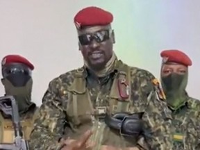 A screengrab taken from footage sent to AFP by a military source on Sept. 5, 2021 shows Guinean Colonel Doumbouya delivering a speech following the capture of the President of Guinea Conakry and the dissolution of the government during a coup d'etat in Conakry on Sept. 5.