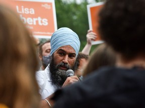 NDP leader Jagmeet Singh speaks to supporters during an election campaign tour in Halifax, on Sept. 17.