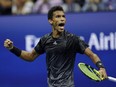 Felix Auger-Aliassime reacts against Carlos Alcaraz during his quarterfinal match of the U.S. Open at the USTA Billie Jean King National Tennis Center in New York City, Tuesday, Sept. 7, 2021.