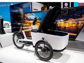 Volkswagen Cargo e-Bike is displayed during the first press day at the 89th Geneva International Motor Show on March 5, 2019 in Geneva, Switzerland.