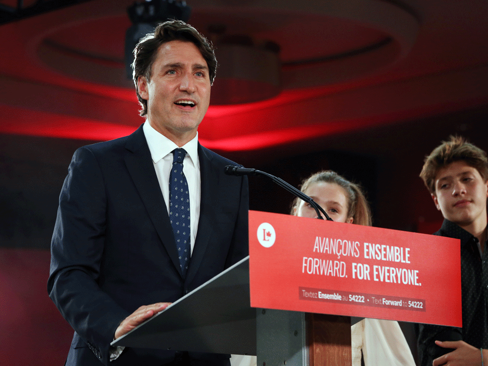 Liberal Party Leader Justin Trudeau delivers his victory speech at election headquarters in Montreal, on September 20, 2021.