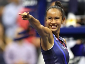 Leylah Annie Fernandez celebrates defeating Aryna Sabalenka of Belarus during her Women’s Singles semifinals match at the 2021 US Open.