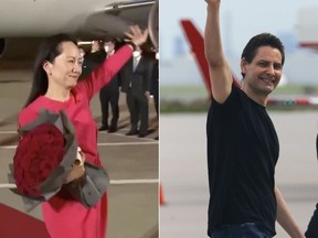 Meng Wanzhou, left;  freed Canadian Michael Kovrig, right.