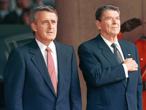 Former prime minister Brian Mulroney with former U.S. President Ronald Reagan in 1988. Policy Magazine says Mulroney had the best relationships with U.S. presidents of any prime minister in Canadian history. In an interview with the magazine, Mulroney says that while the Biden-Trudeau relationship is good, it lacks substance so far.