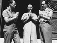 Pierre Trudeau and Jacques Hebert salute a monk in Buddhist fashion in China. From the book Two Innocents in Red China by Pierre Trudeau and Jacques Hebert.