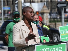 Green Party Leader Annamie Paul speaks during a media conference on Wellington Street on Friday.