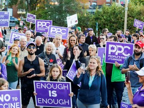 People's Party of Canada (PPC) supporters protest after leader Maxime Bernier was not invited to the two federal election debates held at the Canadian Museum of History in Gatineau, Quebec, Sept. 9, 2021.