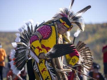Powwow dancers take part in a celebration on the National Day for Truth and Reconciliation Thursday in Cowessess First Nation, Saskatchewan.