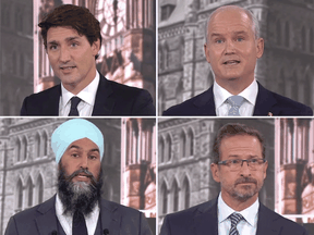 Files: From left, top row: Liberal Leader Justin Trudeau, Conservative Leader Erin O'Toole, NDP Leader Jagmeet Singh and Bloc Quebecois Leader Yves-Francois Blanchet during the French-language leaders debate in Montreal on Thursday. September 2, 2021.