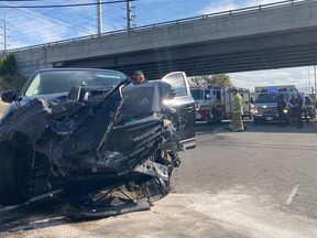 Two individuals in this vehicle received minor injuries in a two-vehicle crash on the Queensway near St. Laurent Tuesday.