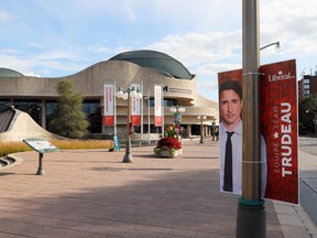 A campaign sign for Liberal leader Justin Trudeau is pictured in front of the Canadian Museum of History, the location of the English-language federal election leaders' debate, in Gatineau, Quebec, Sept. 7, 2021.