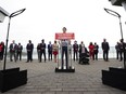 Liberal Leader Justin Trudeau holds a campaign event in downtown Vancouver in August, backdropped by Liberal candidates.
