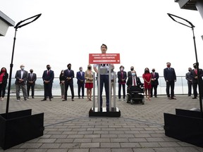 Liberal Leader Justin Trudeau holds a campaign event in downtown Vancouver in August, backdropped by Liberal candidates.