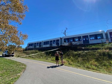 Scene of an LRT derailment near Tremblay Station, Sunday, Sept. 19, 2021.