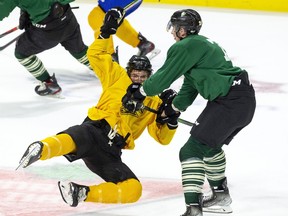 Logan Mailloux, in green, takes down Andy Reist during a scrimmage at London Knights training camp in London, Ont. on Monday August 30, 2021.