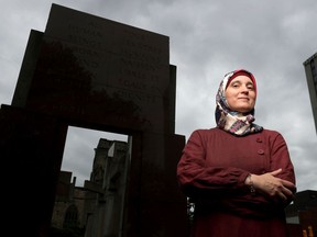Monia Mazigh in front of the Human Rights Monument in Ottawa.