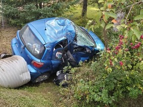 A 45-year-old woman was seriously injured near Val-des-Monts when a car struck a hydro pole and crashed into a ditch.