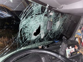 Stormont, Dundas and Glengarry OPP are looking for the culprits who threw rocks off a Highway 401 overpass near Bainsville Saturday evening, striking two passing tractor trailers.
