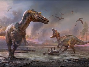 The meat-eating dinosaurs Ceratosuchops inferodios, in the foreground, and Riparovenator milnerae, in the background are seen in an undated artist's rendition. Fossils of these two Cretaceous Period dinosaurs were discovered on England's Isle of Wight.