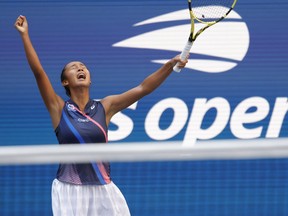 Sep 7, 2021; Flushing, NY, USA; Leylah Fernandez of Canada reacts after winning a point against Elina Svitolina of Ukraine (not pictured) on day nine of the 2021 U.S. Open tennis tournament .