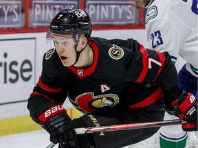 Senators free-agent winger Brady Tkachuk (7) has been skating with Canucks defenceman Quinn Hughes in MIchigan, but Hughes will be heading back to B.C. after agreeing to a new deal with Vancouver on Friday.