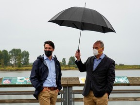 Justin Trudeau and climate scientist Andrew Weaver during an election campaign stop in Richmond, British Columbia, Sept. 14, 2021.