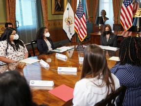 U.S. Vice President Kamala Harris meets with abortion and reproductive health providers and patients from Texas, Mississippi, Kentucky, and New Mexico to discuss the impact of Texas Senate Bill 8 and other restrictions on reproductive care at the White House in Washington, U.S., September 9, 2021.