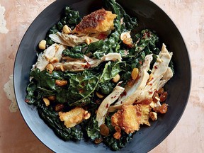 Warm kale and chicken salad with toasted hazelnuts and croutons from Antoni: Let's Do Dinner.