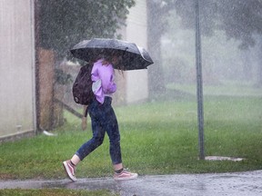 FILE: A pedestrian deals with soggy conditions.