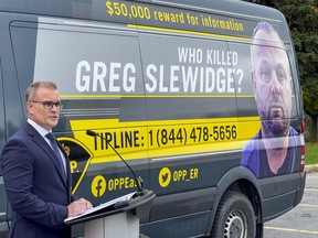 Chris Landry, OPP major case manager with the criminal investigation branch, addresses the media Thursday to announce a new public outreach campaign to generate tips about the death of Greg Slewidge.