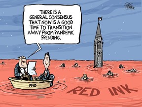 Editorial cartoon for Tina Spencer.  Trudeau spend cartoon - perryoct22