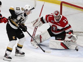 Kingston Frontenacs Francesco Arcuri gets a chance on Ottawa 67's goalie Will Cranley during Ontario Hockey League action at the Leon's Centre in Kingston on Oct. 29, 2021.