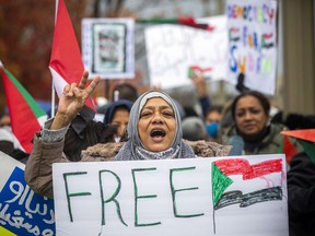 Saturday's protest began near the Global Affairs Canada building on Sussex Drive before heading to the Sudanese Embassy in Sandy Hill.