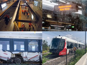 Problems with the LRT have plagued the system since it was launched. From top left, Jan. 16, 2020: engineers work on a broken train at St. Laurent station; Jan. 25, 2020: delays due to weather close the platform at uOttawa station; Aug. 11, 2021:  LRT workers walk a train back to Belfast Yards after derailing; Sept 19, 2021: a train derails near Tremblay station.