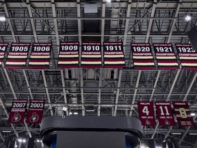 Some of the overhead banners hanging at the Canadian Tire Centre on Wednesday,