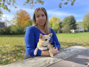 Lexie York, with her Chihuahua Gucci, was badly beaten in Mexico two years ago. She is trying to navigate the Mexican legal system, with her accused attacker currently on  trial.