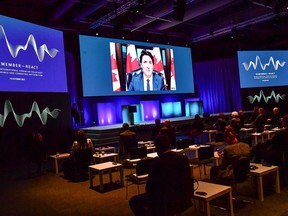 Prime Minister Justin Trudeau speaks via video link at the Malmo International Forum on Holocaust Remembrance and Combating Antisemitism in Malmo, Sweden, October 13, 2021. Jonas Ekstromer/TT News Agency/via REUTERS.