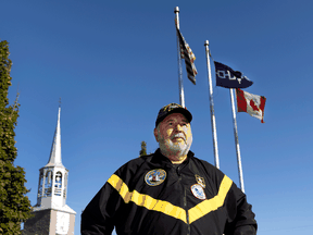 “We didn’t want to have the flags lowered forever.” Ray Deer at the cenotaph of the Royal Canadian Legion Branch 219, in Kahnawake, Quebec, on October 28, 2021.