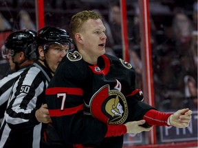 FILE: Brady Tkachuk heads to the penalty box after a fight in April 2021.