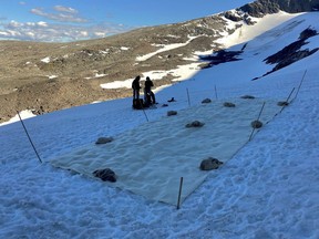 A cloth covers bit of Helags glacier, in Sweden, June 23, 2021.