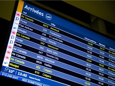 The first international flight since the pandemic began, a flight from Fort Lauderdale, Fla., landed at the Ottawa International Airport on Sunday, Oct. 31, 2021.