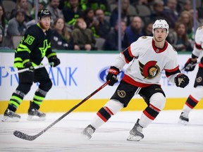 Ottawa Senators center Josh Norris (9) skates against the Dallas Stars during the third period at the American Airlines Center on Friday.