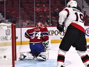 Ottawa Senators center Josh Norris (not pictured) scores a goal against Montreal Canadiens goaltender Jake Allen (34) during the first period at Bell Centre on Thursday.