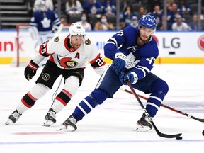 Toronto Maple Leafs forward Pierre Engvall (47) carries the puck past Ottawa Senators forward Connor Brown (28) in the second period at Scotiabank Arena Saturday night. Contract talks continue between Brady Tkachuk and the Senators.
