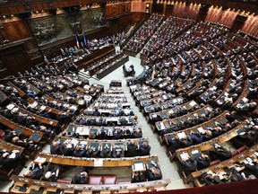 General view of Italy's Chamber of Deputies after Former neo-fascist Gianfranco Fini (C), an ally of prime minister-elect Silvio Berlusconi was elected speaker on April 30, 2008 in Rome.