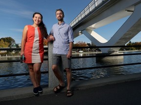 The SHHH!! Ensemble. Pianist Edana Higham and percussionist Zac Pulak stand near the canal in Ottawa. Higham and Pulak are performing in a classical concert series called Pontiac Enchanté, with an environmental sustainability focus.
