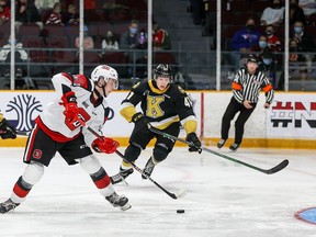 Before a spread-out, physically distant audience at TD Place arena, Jack Beck scores the game-winning goal as the 67's take their home opener 3-2 against the Kingston Frontenacs.